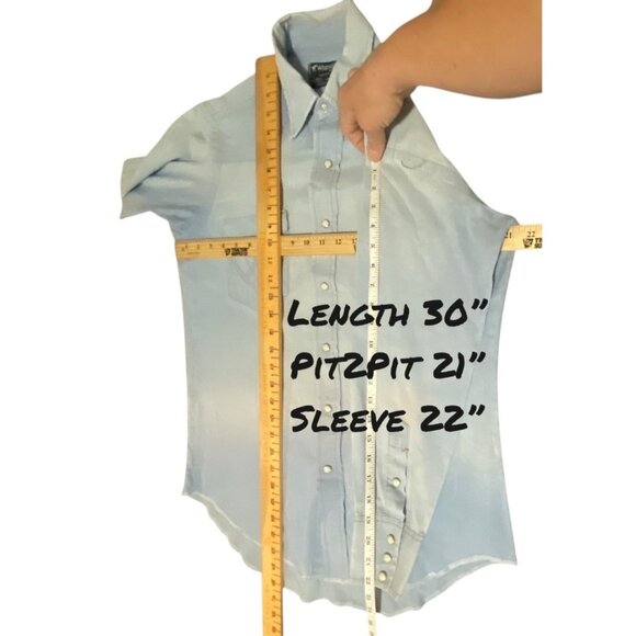 Wrangler Vintage Mens Extra Long Tails Shirt Size 15.5 Pearl Snap Blue Faded USA - Picture 8 of 16